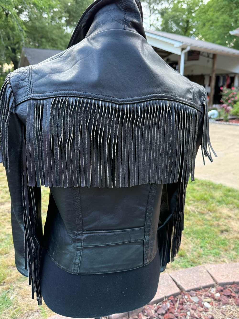 Women's Black Fringe Leather Jacket - Picture 3 of 14